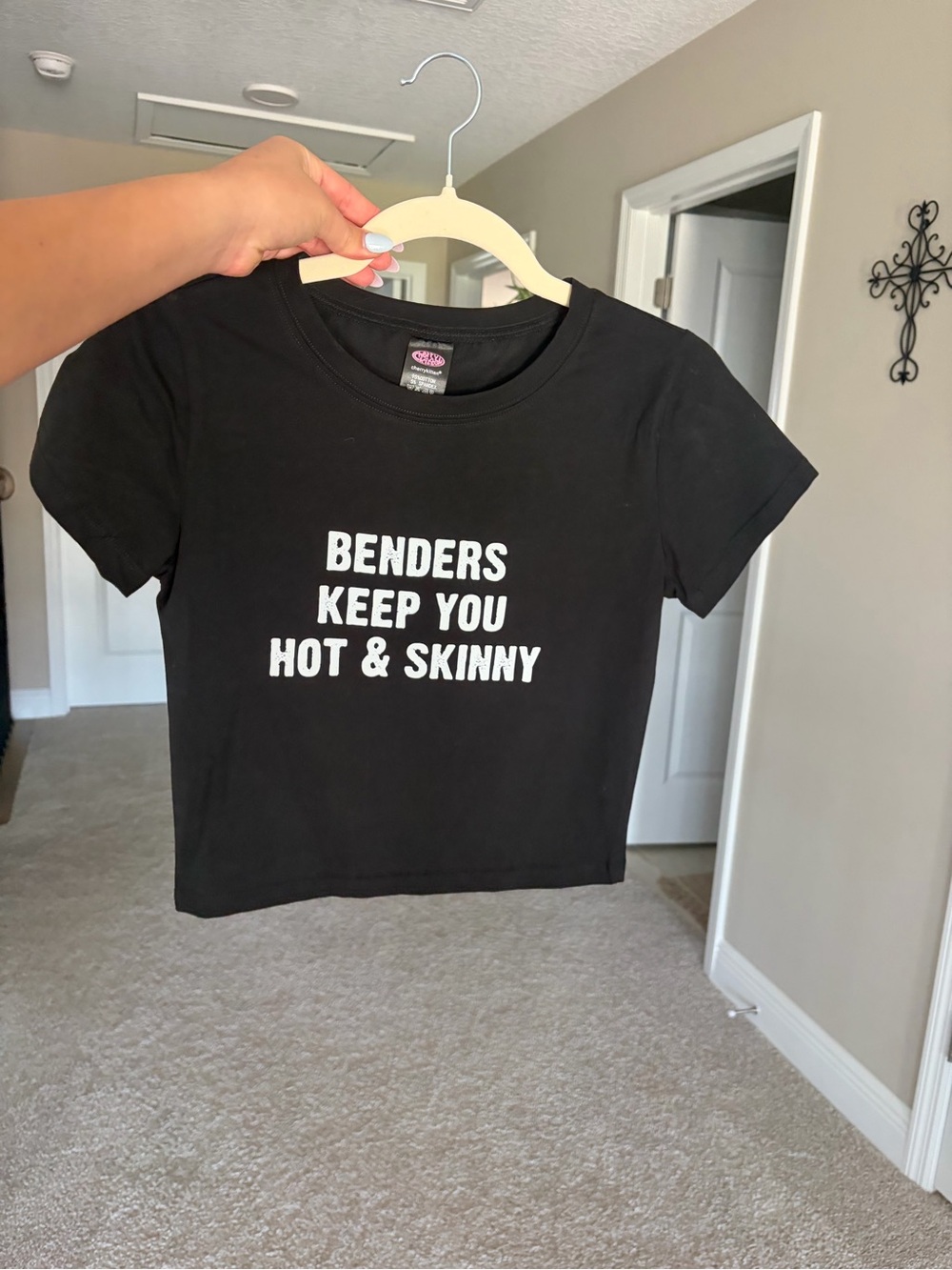 Black Graphic Crop Tee "Benders Keep You Hot & Skinny" Y2K Rave Festival
